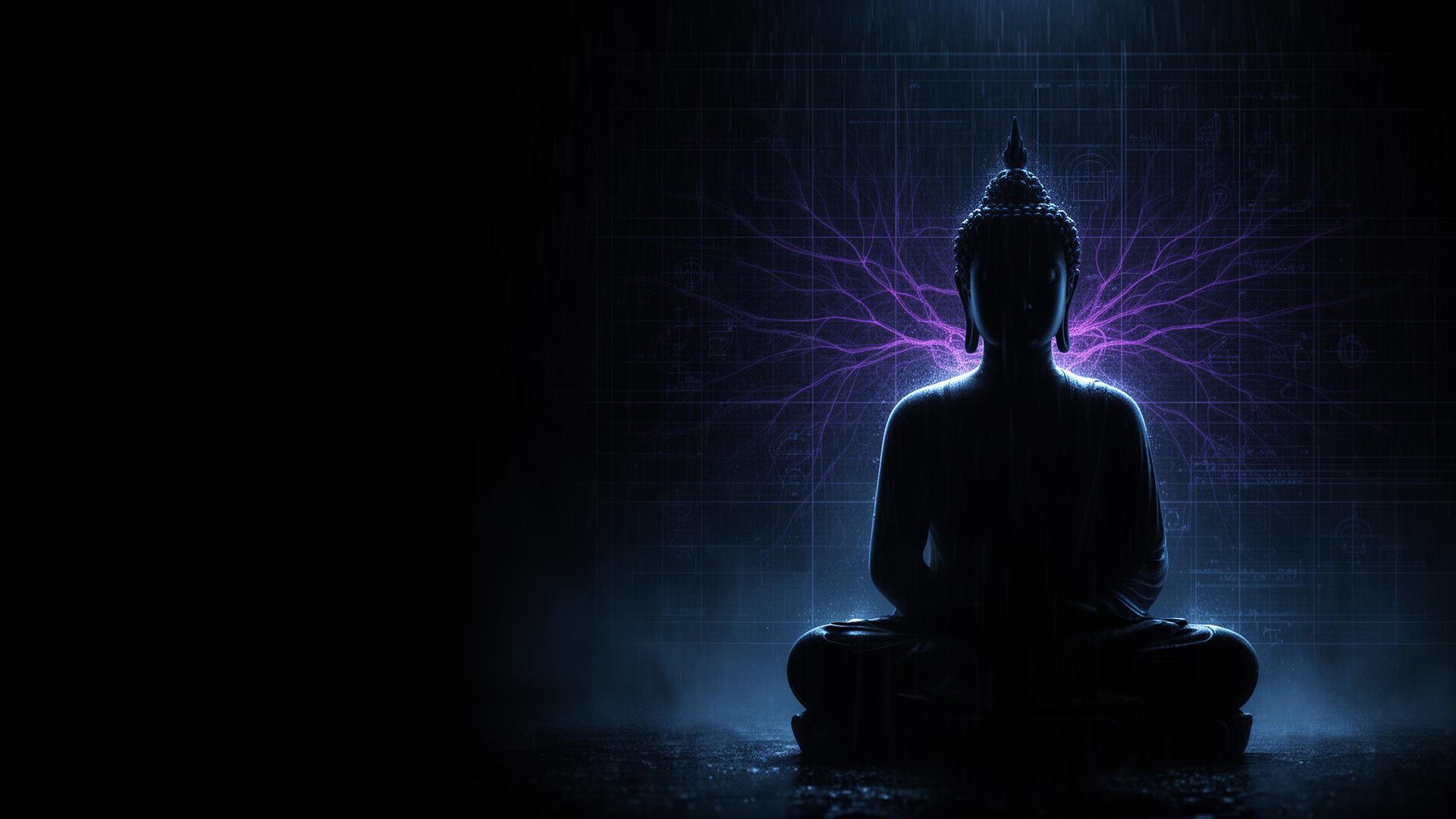 Meditative figure surrounded by neural pathways and rain